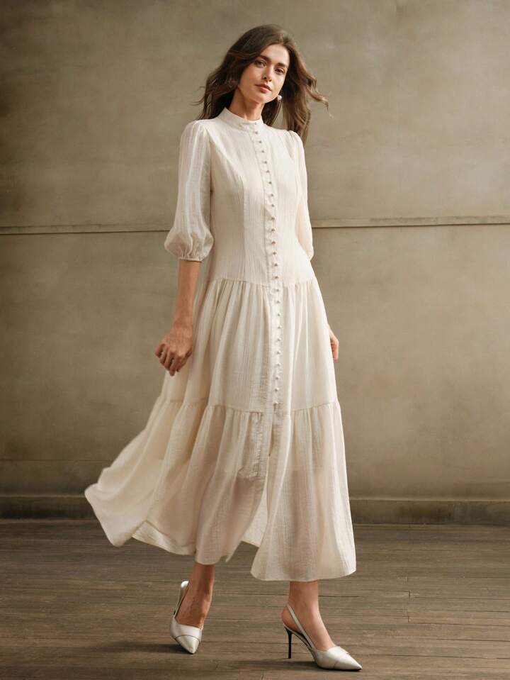 CM-DS204072 Women Elegant Seoul Style Stand Collar 3/4 Sleeve Loose Weave Midi Dress - Apricot