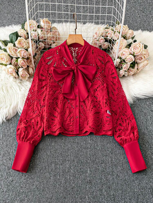 CM-TS420704 Women Elegant Seoul Style Lace Trim Bow Collar Embroidery Long Sleeve Blouse - Red