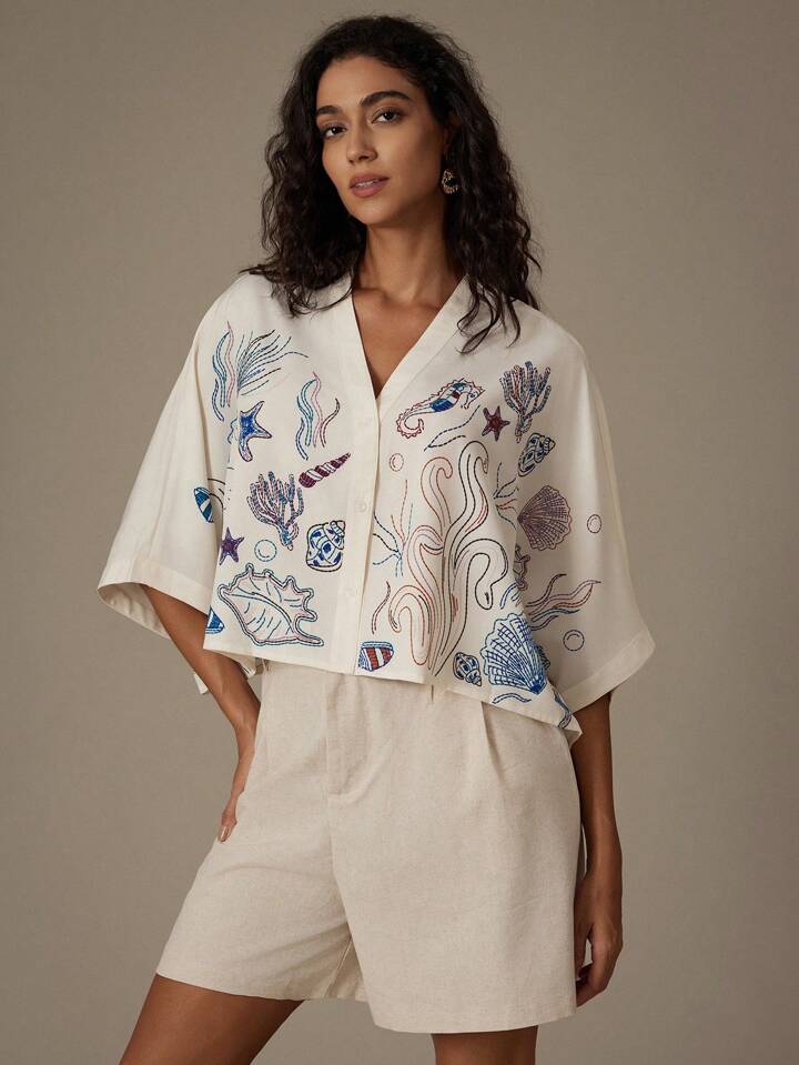 CM-TS906500 Women Trendy Bohemian Style Random Print Batwing Sleeve Cropped Blouse - Beige