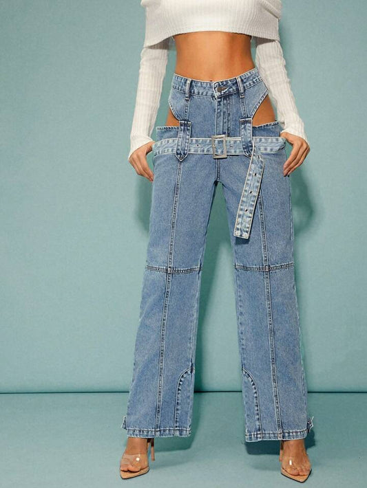 CM-BS414217 Women Elegant Seoul Style Belted Loose Wide Leg Denim Jeans - Blue