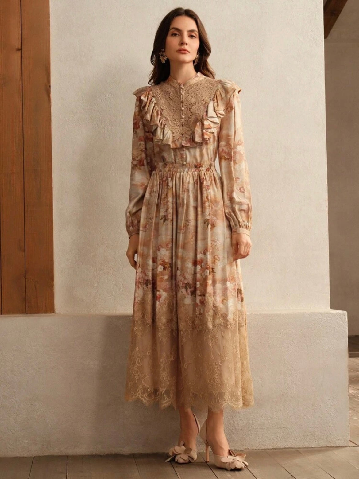 CM-TS379818 Women Elegant Seoul Style Floral Print Lace Ruffled Trim Blouse