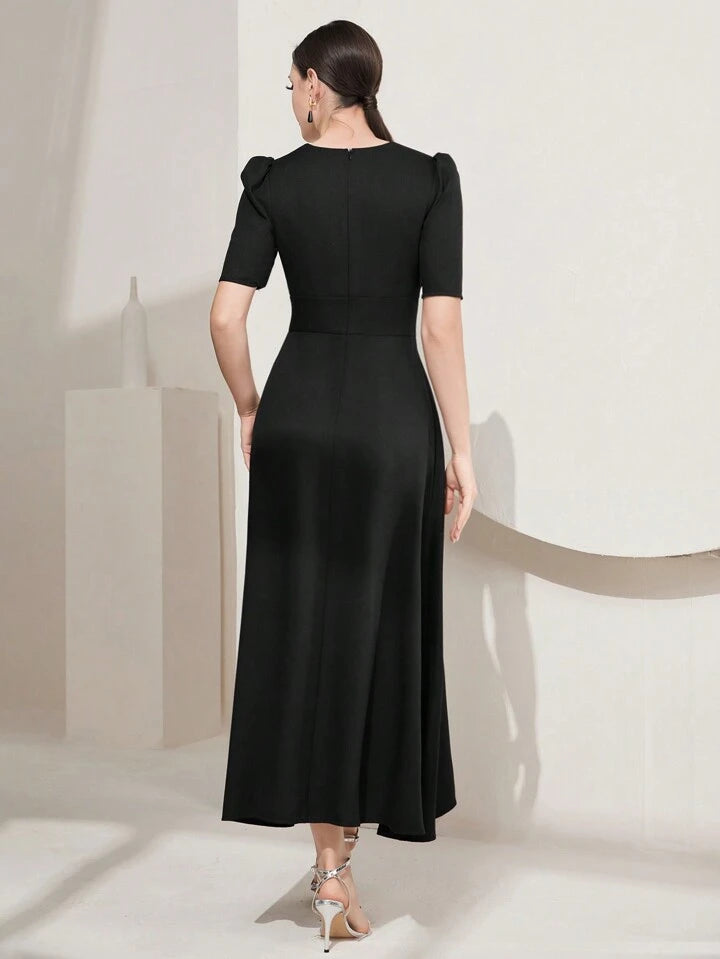 CM-DS460216 Women Elegant Seoul Style Short Sleeve Solid Color Hollow Out Dress - Black