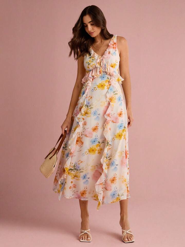 CM-DS419967 Women Trendy Bohemian Style Floral Print V-Neck Ruffle Trim Sleeveless Maxi Dress