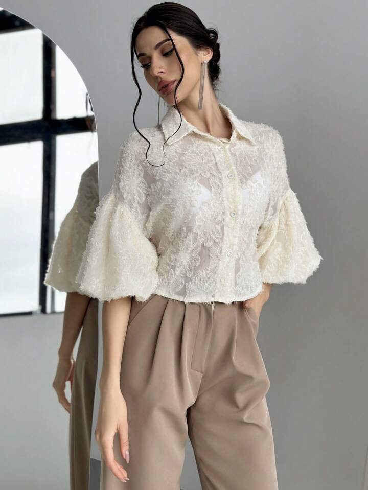 CM-TS123261 Women Elegant Seoul Style Cut-Out Floral Design Short Sleeve Shirt - Apricot