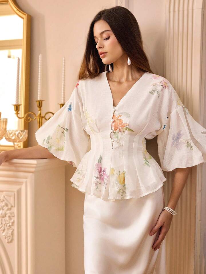 CM-TS358830 Women Elegant Seoul Style V-Neck Organza Floral Print Puff Sleeve Blouse - White