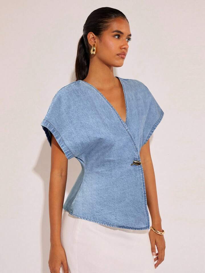 CM-TS516556 Women Casual Seoul Style Single-Button V-Neck Batwing Sleeve Denim Blouse - Baby Blue