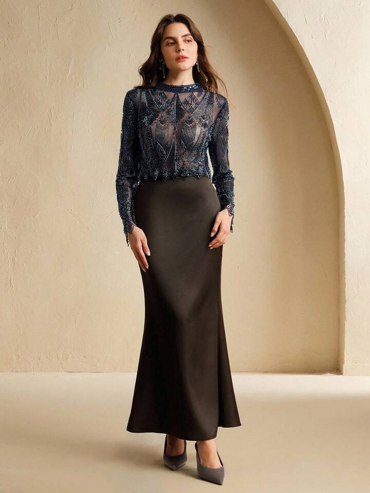 CM-TS147788 Women Elegant Seoul Style Stand Collar Long Sleeve Beaded Sequin Embellished Cropped Top - Blue