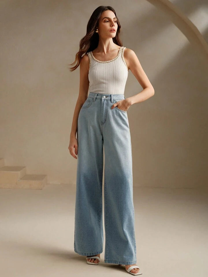 CM-BS651105 Women Casual Seoul Style Ombre High Waist Flare Leg Jeans - Blue