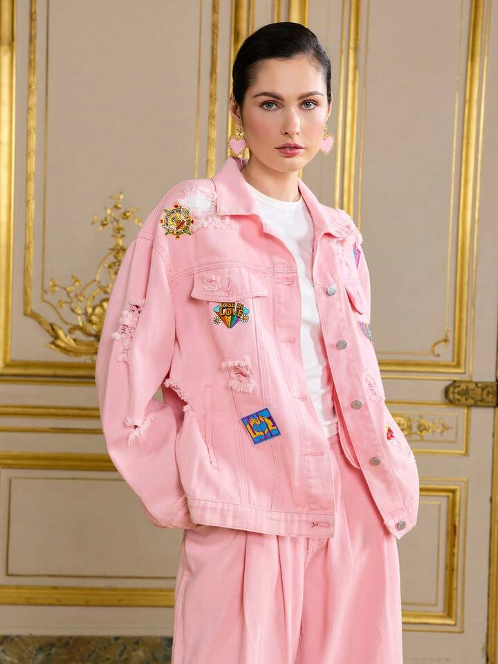 CM-CS533355 Women Casual Seoul Style Cute Cartoon Patches Distressed Oversized Denim Jacket - Pink