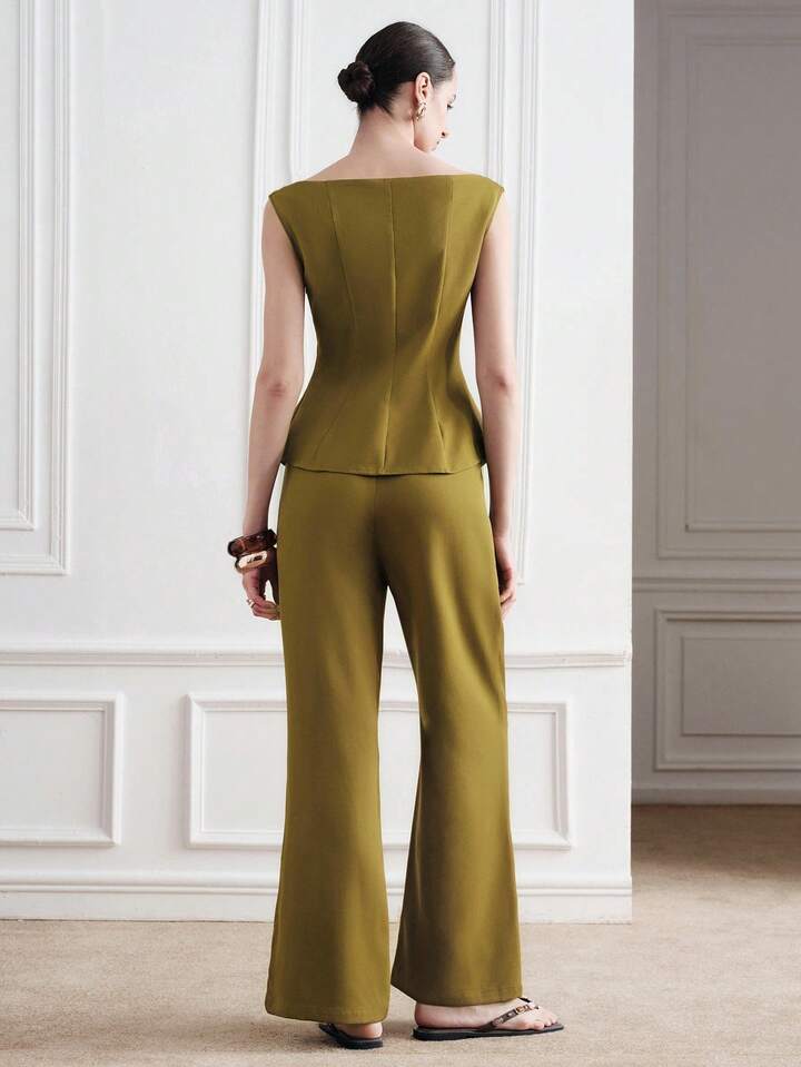 CM-SS271644 Women Elegant Seoul Style Boat Neck Metal Buckle Sleeveless Crop Top With Straight Leg Flare Pants - Set