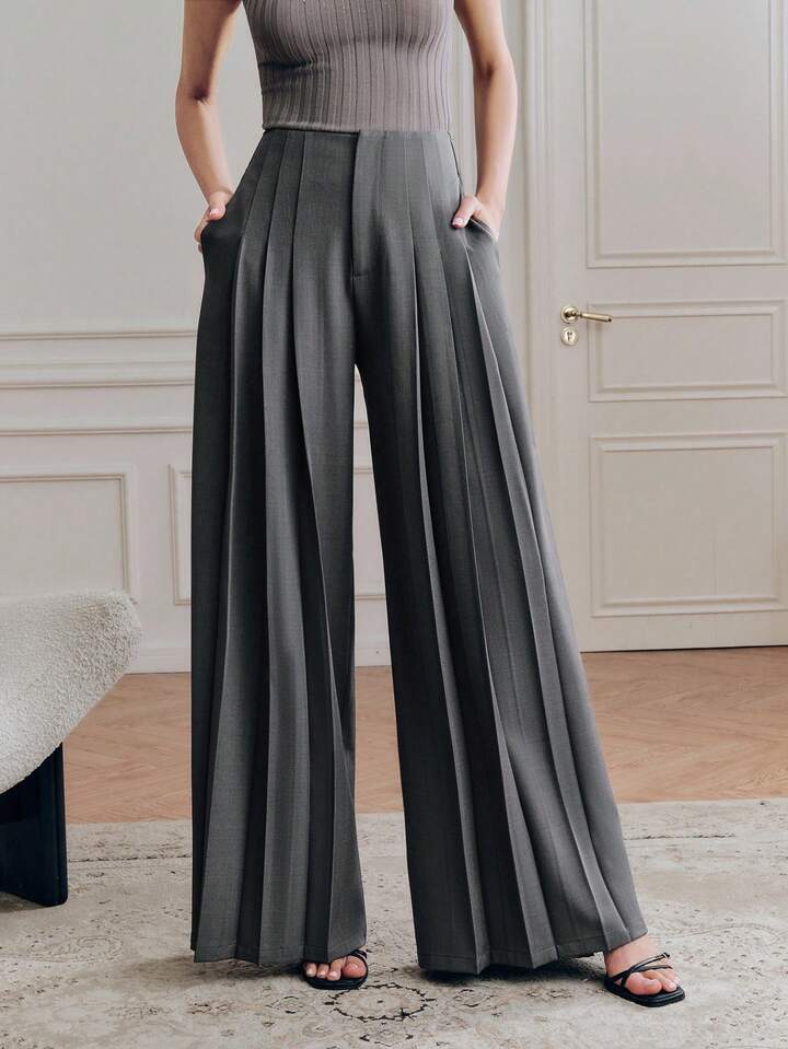 CM-BS133837 Women Elegant Seoul Style High Waist Loose Draping Wide Leg Pants - Gray
