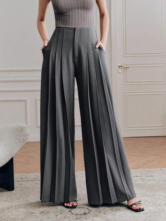 CM-BS133837 Women Elegant Seoul Style High Waist Loose Draping Wide Leg Pants - Gray