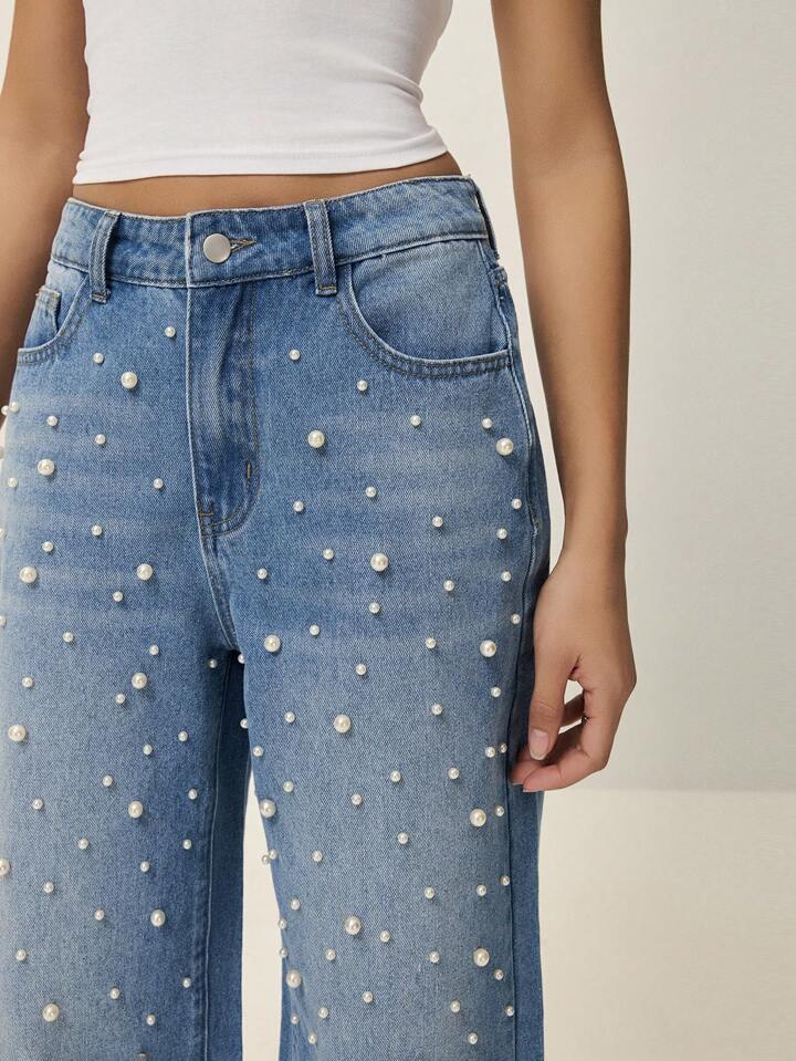 CM-BS821619 Women Elegant Seoul Style Light Wash Pearl Decor Striaght Leg Extra Long Jeans