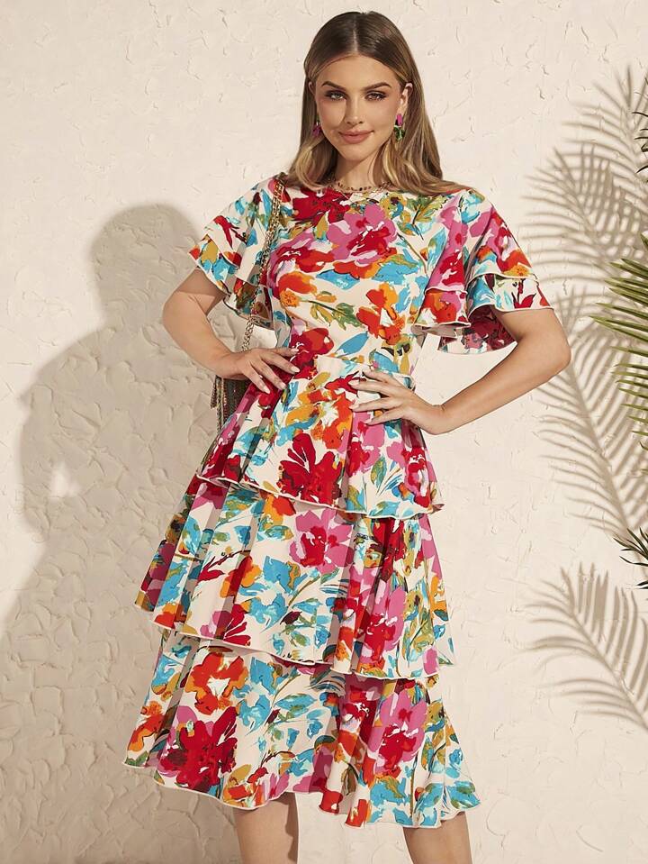 CM-DS181158 Women Trendy Bohemian Style Floral Print Ruffle Hem Tiered A-Line Dress