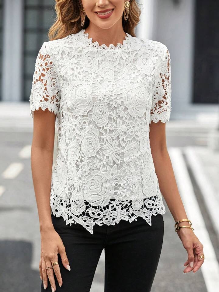 CM-TS959355 Women Elegant Seoul Style Guipure Lace Mock Neck Blouse - White