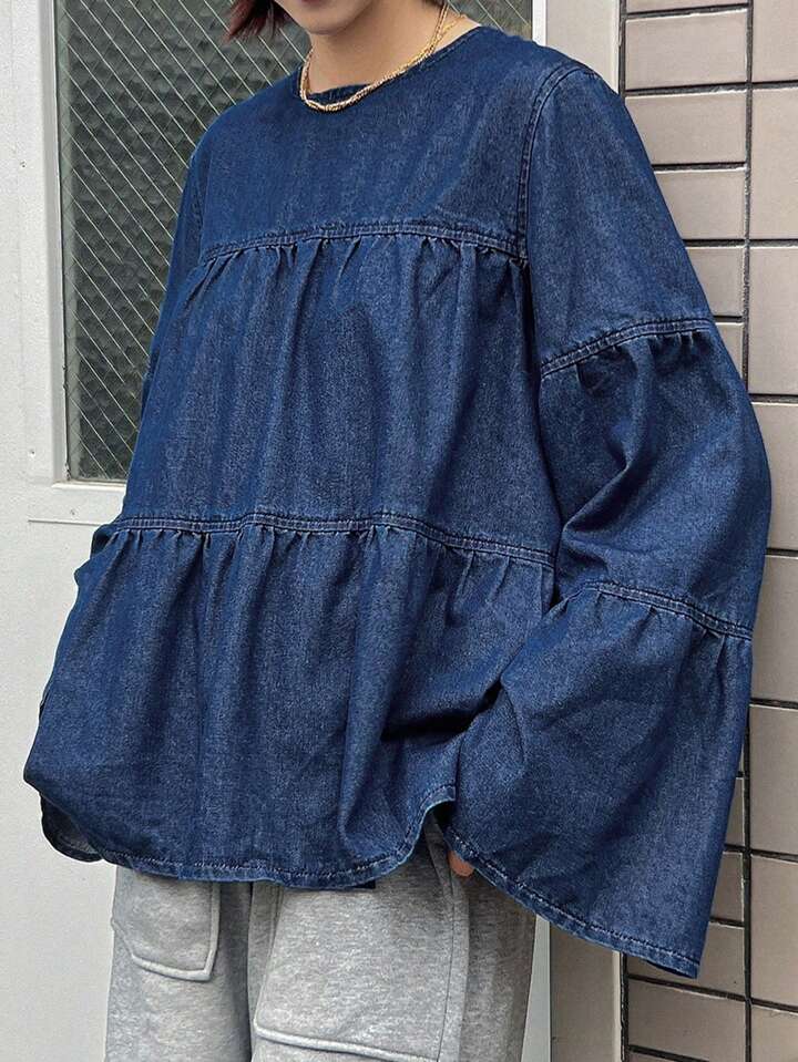CM-TS499637 Women Casual Seoul Style Solid Color Ruffled Hem Crew Neck Denim Pleated Blouse - Blue