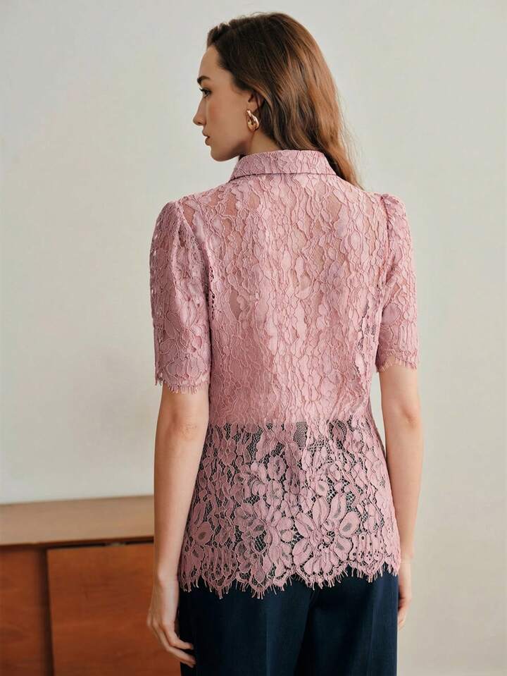 CM-TS636795 Women Elegant Seoul Style Lace Hollow Out Shirt Collar Short Sleeve Blouse - Pink