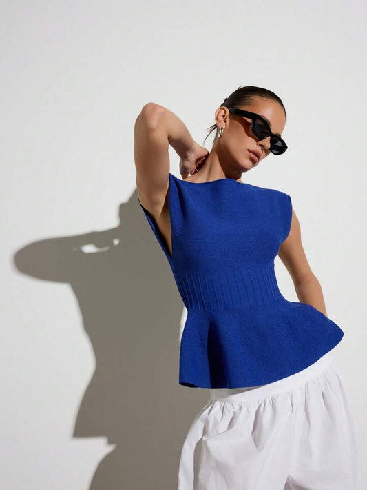 CM-TS228150 Women Casual Seoul Style Boat Neckline Ribbed Knit Cap Sleeve Peplum Top - Blue