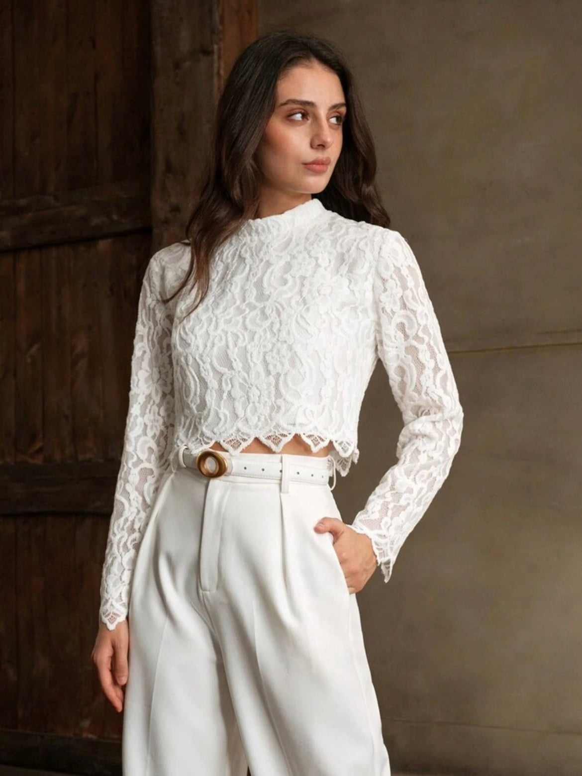 CM-TS170821 Women Elegant Seoul Style Lace Stand Collar Long Sleeve High Waist Chic Top - White
