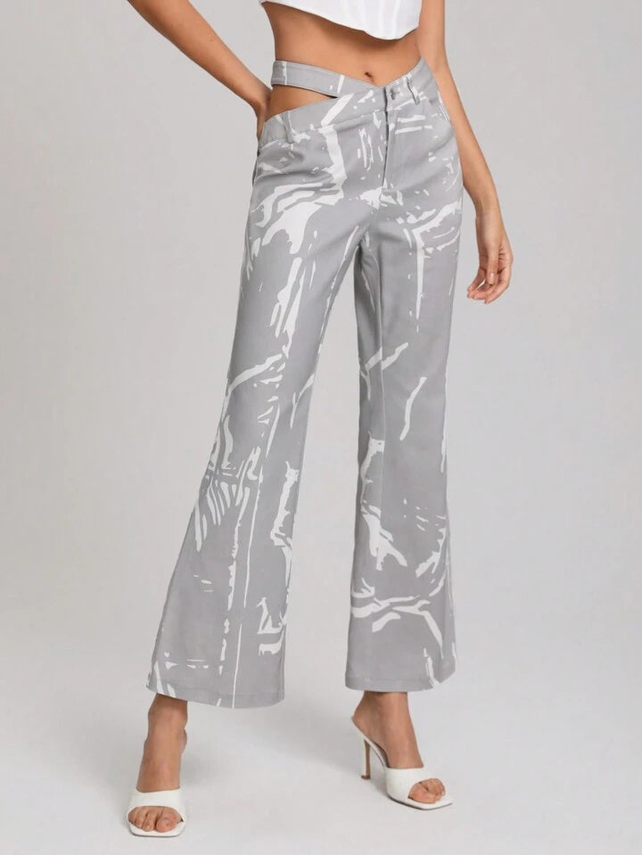 CM-BS439183 Women Casual Seoul Style Graphic Print Cut Out Waist Flare Leg Pants - Gray