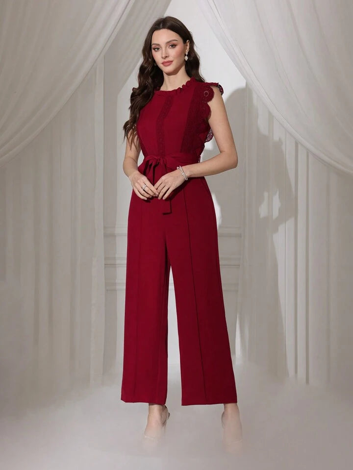 CM-JS463660 Women Elegant Seoul Style Lace Patchwork Sleeveless Straight Leg Jumpsuit - Burgundy