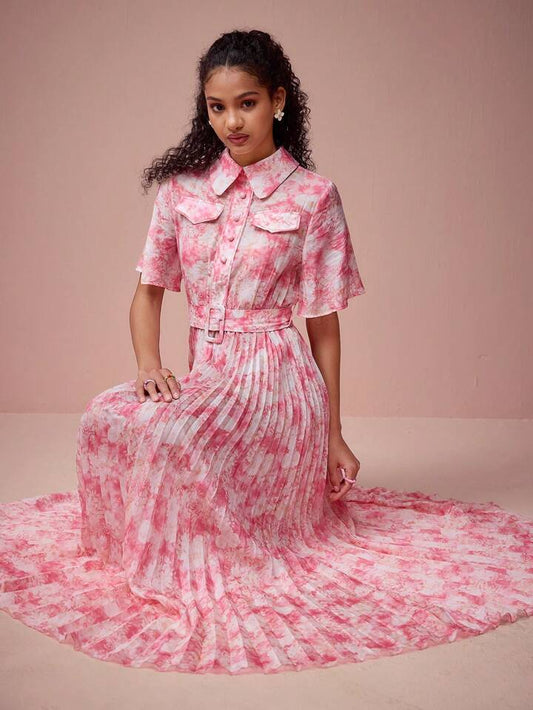 CM-DS632377 Women Elegant Seoul Style Floral Print Lapel Neckline Short Sleeve Belt Pleated Hem Dress