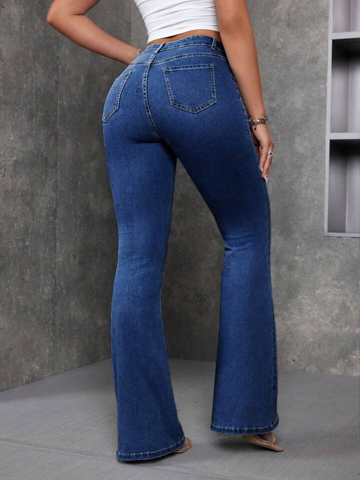 CM-BS888226 Women Preppy Seoul Style Dark Washed Denim Bell-Bottom Flare Leg Pants