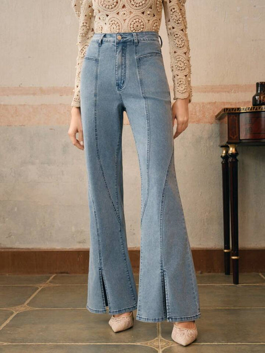 CM-BS068890 Women Casual Seoul Style Bell Bottom High Waist Flare Leg Jeans - Blue
