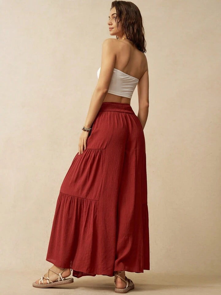 CM-BS131063 Women Trendy Bohemian Style Solid Color Drop Waist A-Line Pants - Burgundy