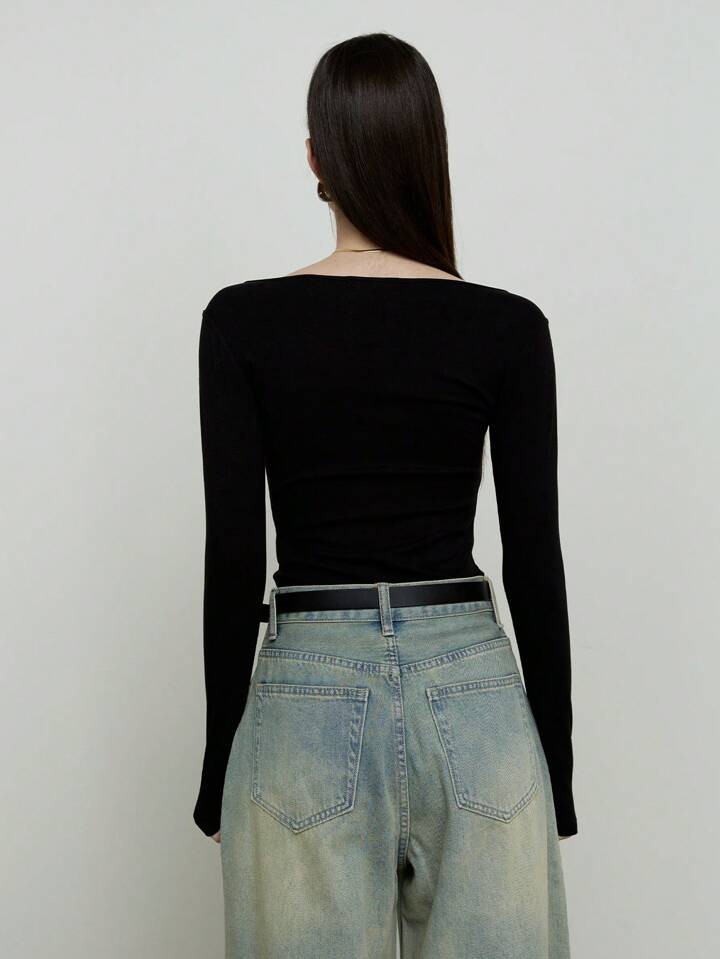CM-TS175782 Women Casual Seoul Style Chain Strap Off-The-Shoulder Knitted Long-Sleeved T-Shirt