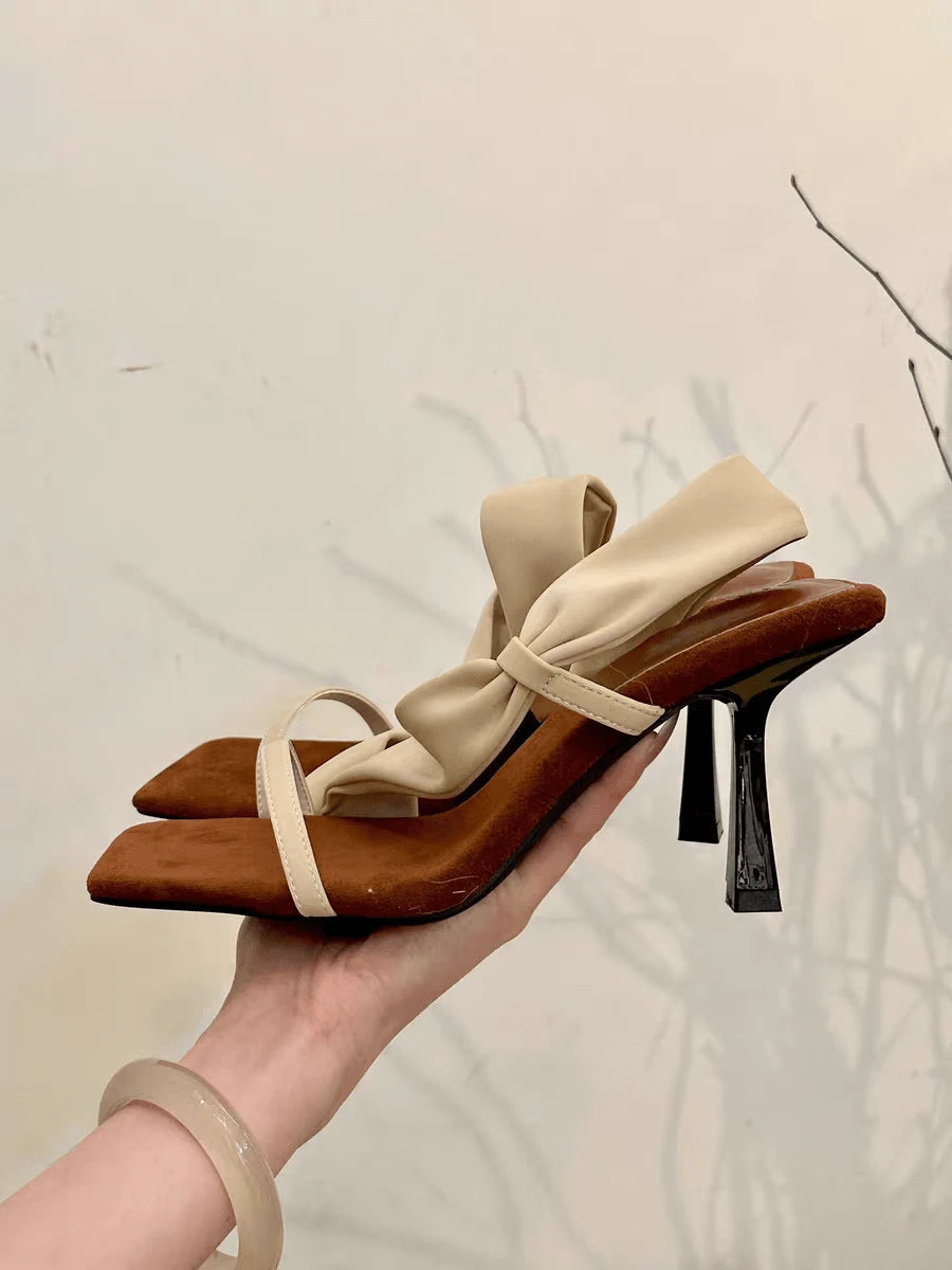 CM-SHS223357 Women Trendy Seoul Style Bow Knot Mid Heels Slip On Sandals - Beige