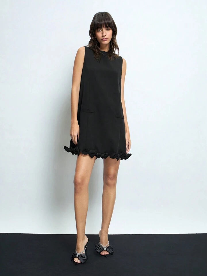 CM-DS332289 Women Elegant Seoul Style Round Neck Bow Decor Sleeveless Mini Dress - Black