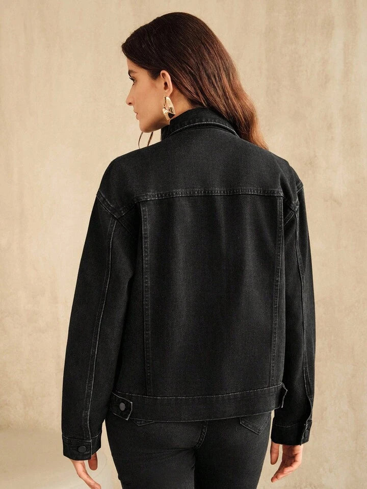 CM-CS798888 Women Casual Seoul Style Collar Neckline Long Sleeve Street-Style Diamond Embellished Indigo Denim Jacket