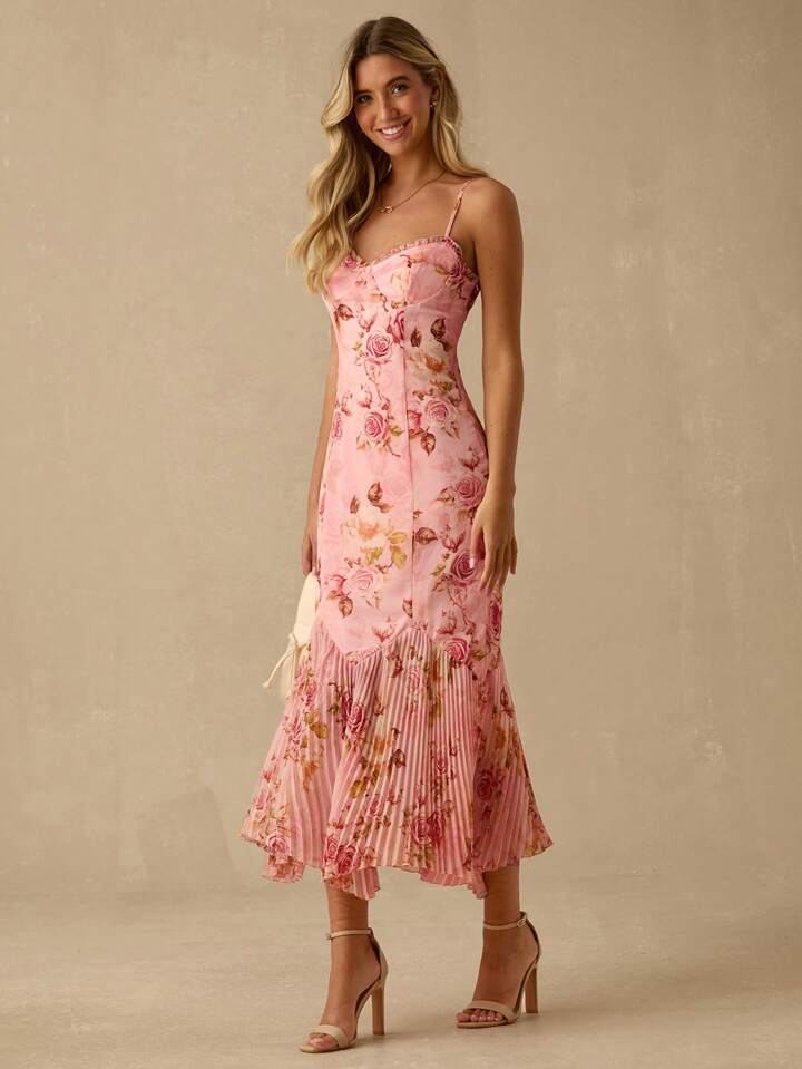 CM-DS836355 Women Elegant Seoul Style Floral Print Spaghetti Strap Sweetheart Neck Pleated Hem Mermaid Maxi Dress
