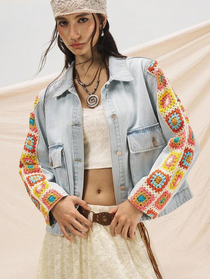 CM-CS335360 Women Casual Seoul Style Collar Neckline Stitching Multi-Color Sleeves Pattern Pattern Denim Jacket - Blue