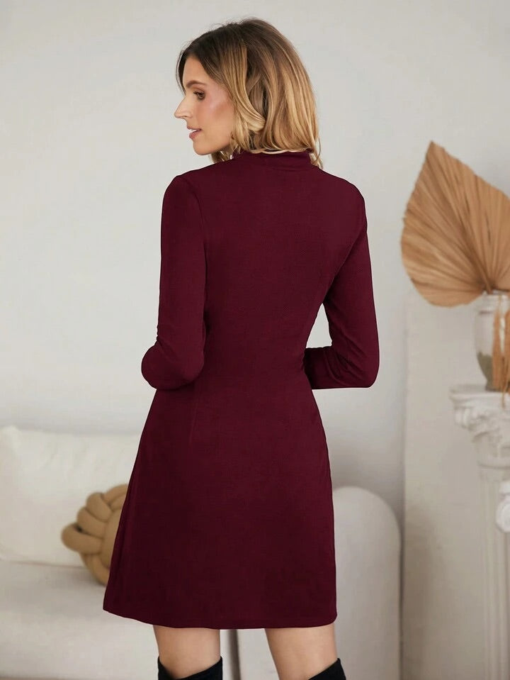 CM-DS554441 Women Elegant Seoul Style Stand Collar Zip Front Flap Pocket Dress - Burgundy