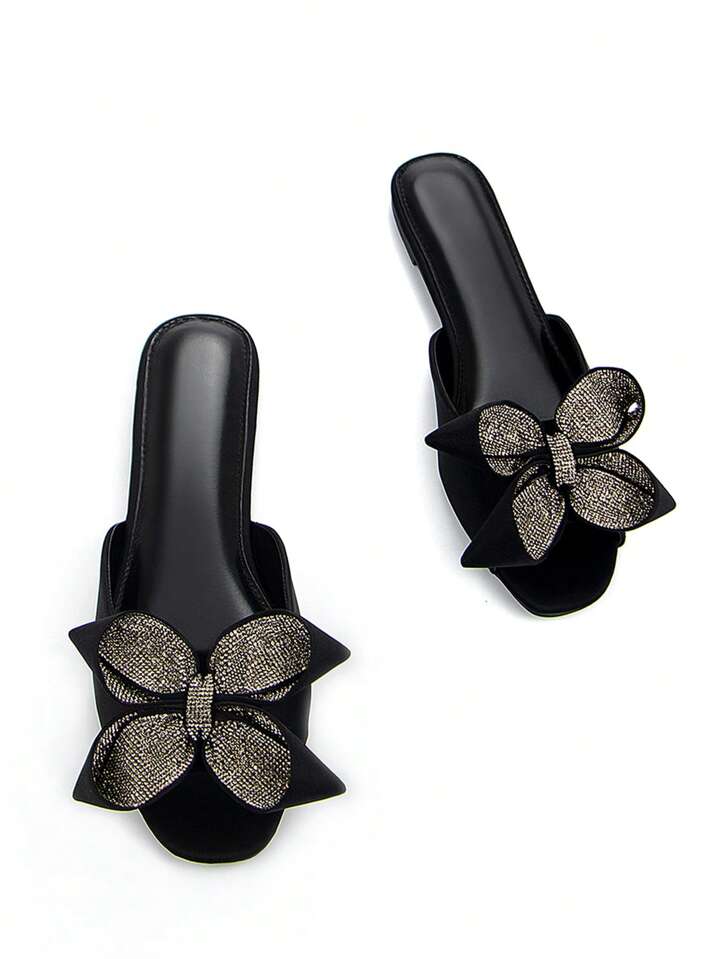 CM-SHS999479 Women Trendy Seoul Style 3D Rhinestone Floral Bow Decor Square Toe Mule Sandals - Black