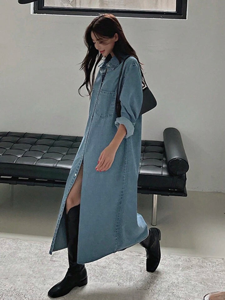 CM-DS093431 Women Casual Seoul Style Front Button Closure Dropped Shoulder Loose Denim Dress - Blue