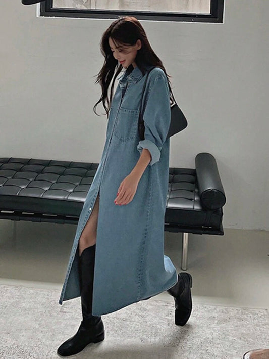 CM-DS093431 Women Casual Seoul Style Front Button Closure Dropped Shoulder Loose Denim Dress - Blue