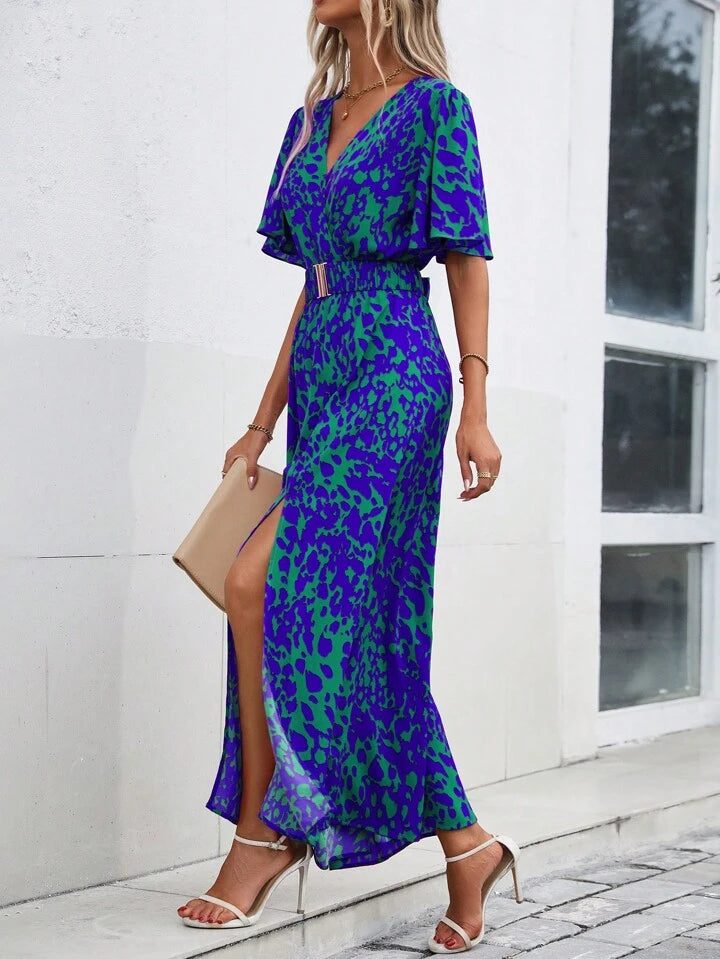 CM-DS183693 Women Trendy Bohemian Style All-Over Print Overlapping V-Neck Ruffle Short Sleeves Dress