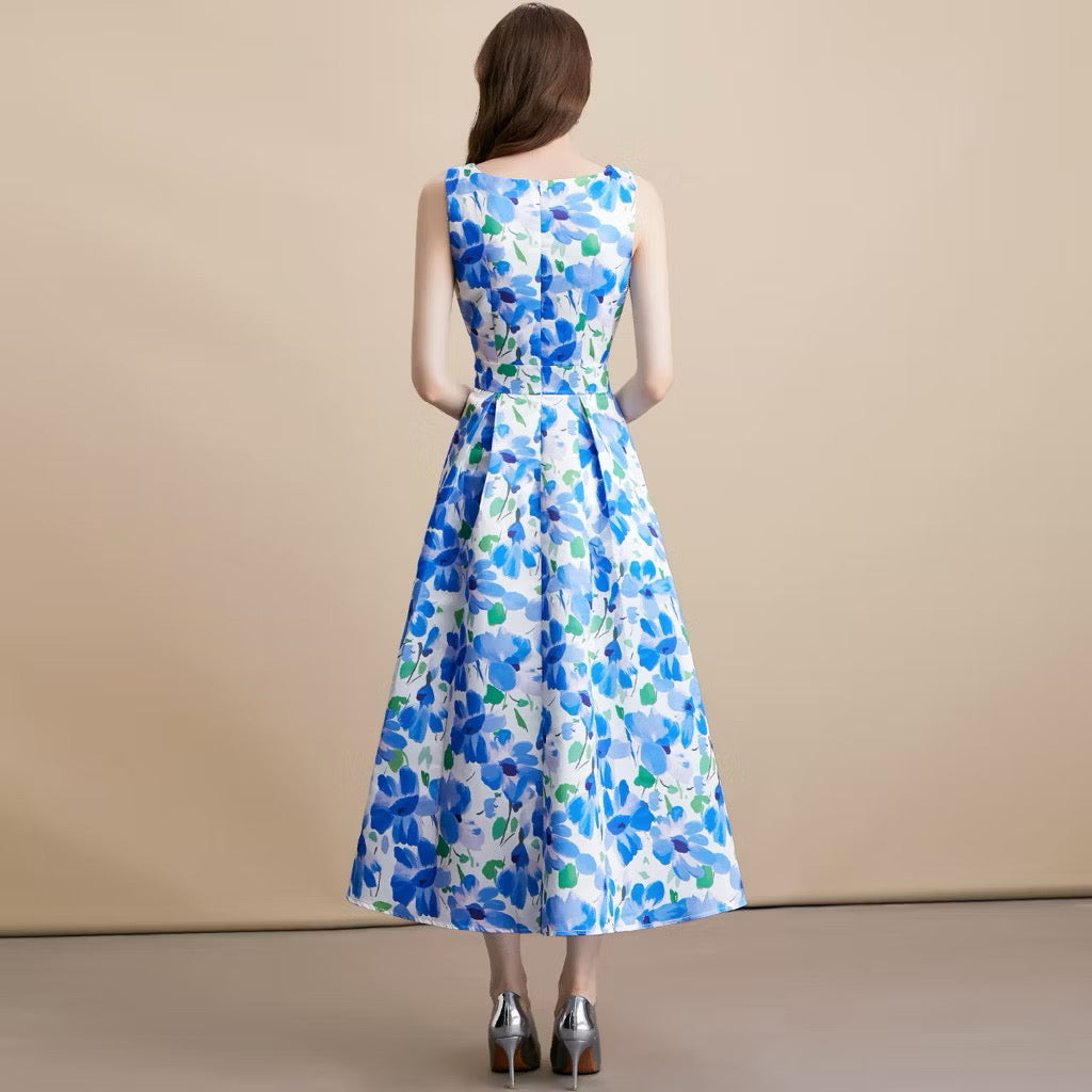 CM-DY054105 Women Elegant European Style Round Neck Sleeveless Pinched Waist A-Line Midi Dress