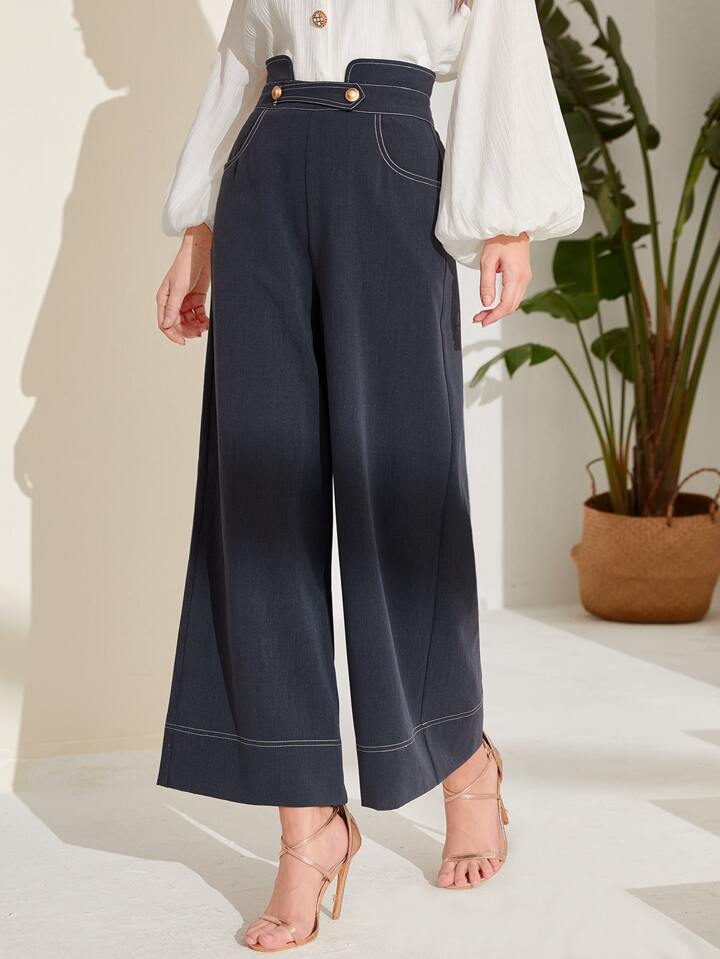 CM-BS430352 Women Elegant Seoul Style High Waist Top-Stitching Wide Leg Pants - Dark Gray