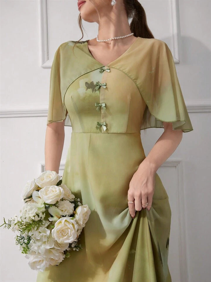 CM-DS579071 Women Elegant Seoul Style V-Neck Gradient Color Bowknot Decoration Dress - Green