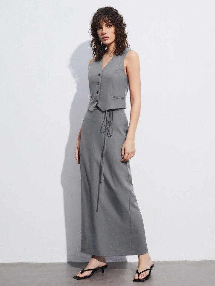 CM-SS116177 Women Elegant Seoul Style V-Neck Single-Breasted Suit Vest With Skirt Suit - Light Gray