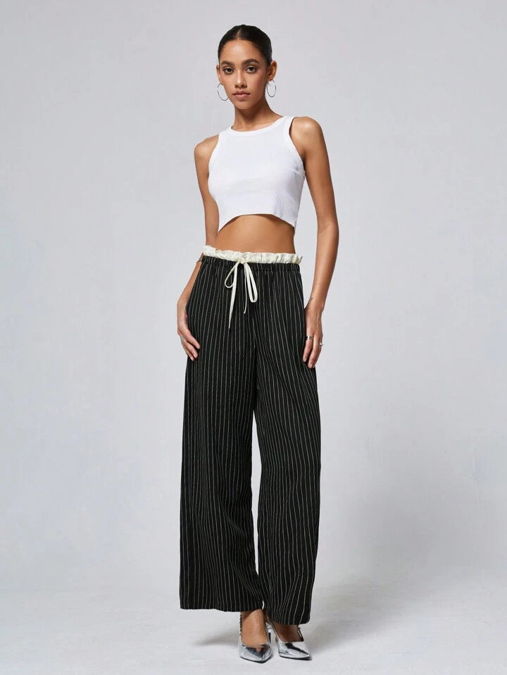 CM-BS112828 Women Casual Seoul Style Color Block Double Waist Wide Leg Striped Long Pants