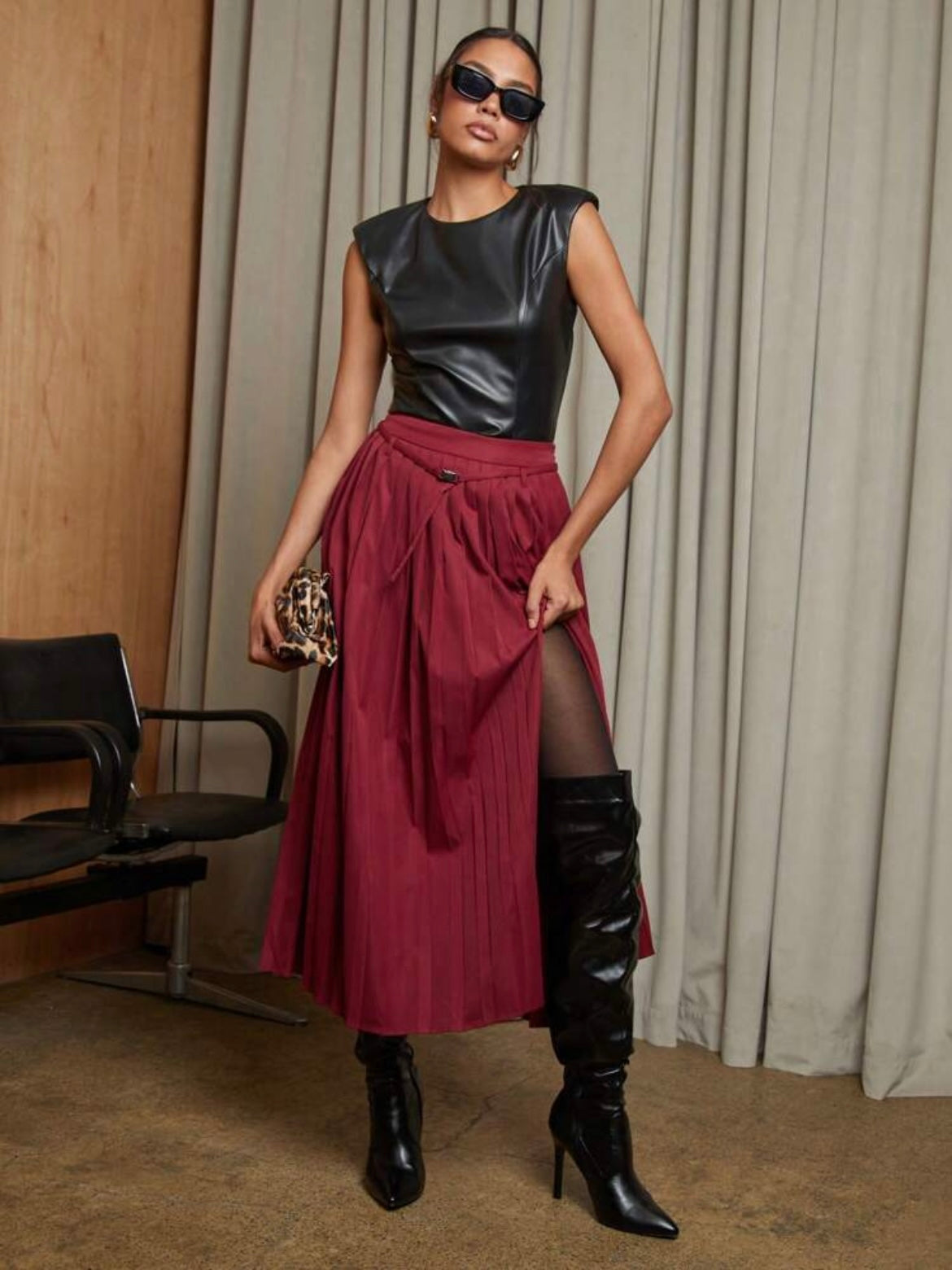 CM-BS089667 Women Elegant Seoul Style Solid Color Split Hem Flared Pleated Skirt - Burgundy