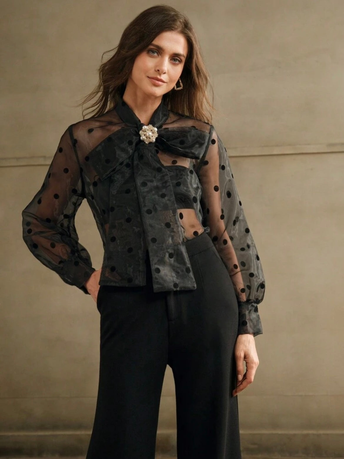 CM-TS463033 Women Elegant Seoul Style Pearl Metallic Accessory Sheer Polka Dot Blouse With Bow Collar