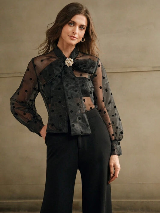 CM-TS463033 Women Elegant Seoul Style Pearl Metallic Accessory Sheer Polka Dot Blouse With Bow Collar
