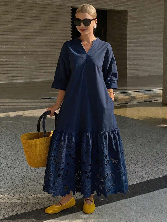 CM-DS486717 Women Trendy Bohemian Style Lace Patchwork Stand Collar 3/4 Sleeve Long Shirt Dress - Navy Blue