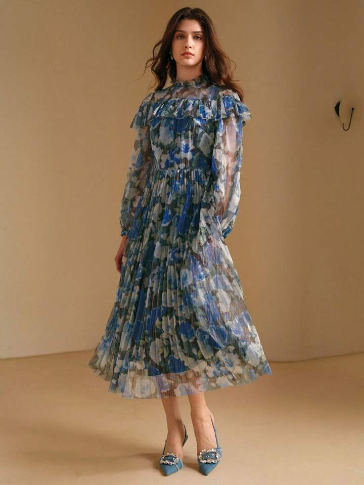 CM-DS839272 Women Elegant Seoul Style Stand Collar Bell Sleeve Ditsy Floral Ruffled Dress - Blue